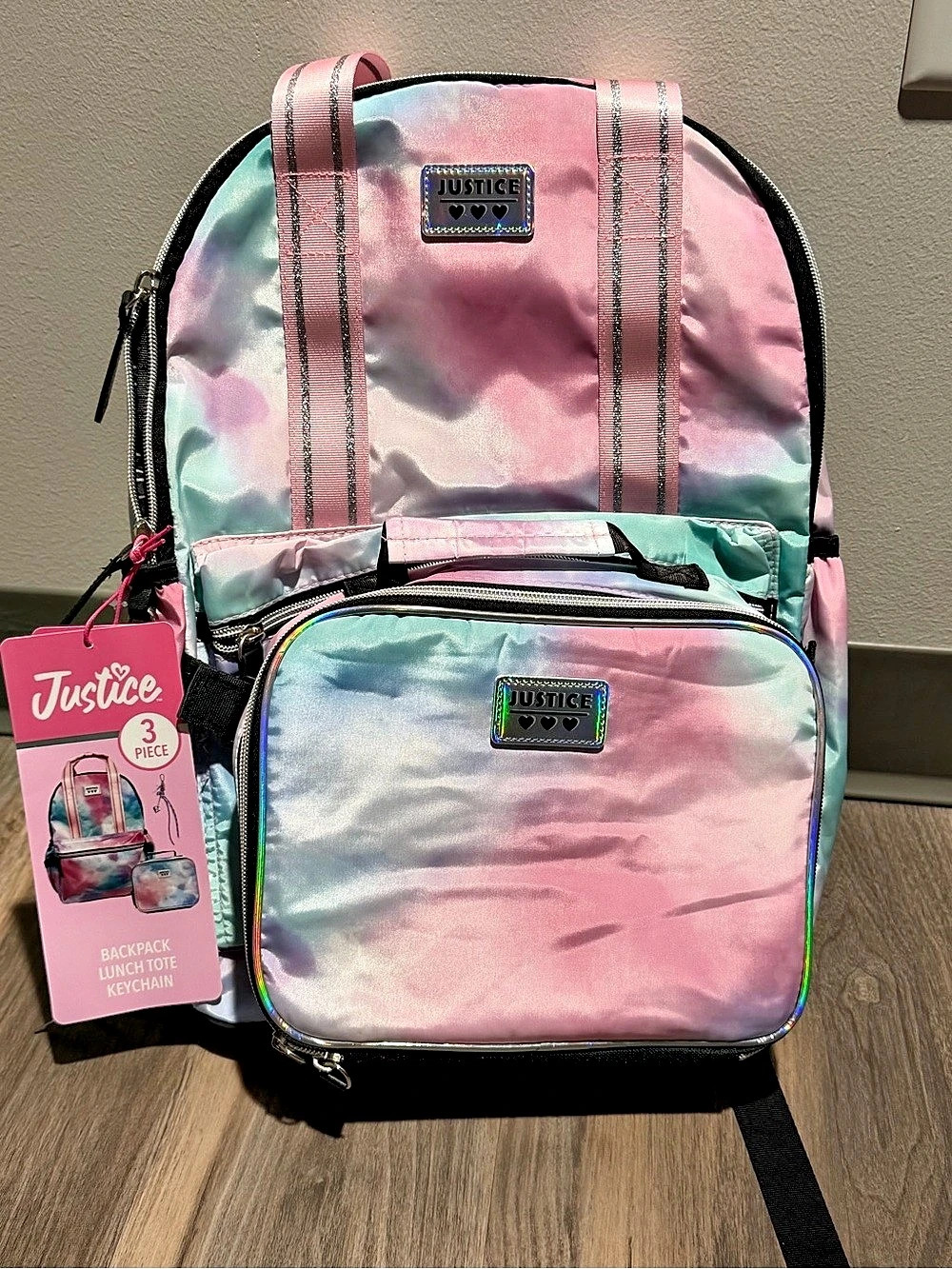 Justice 3-Piece Backpack Lunch Tote Keychain Set Pink & Blue NWT